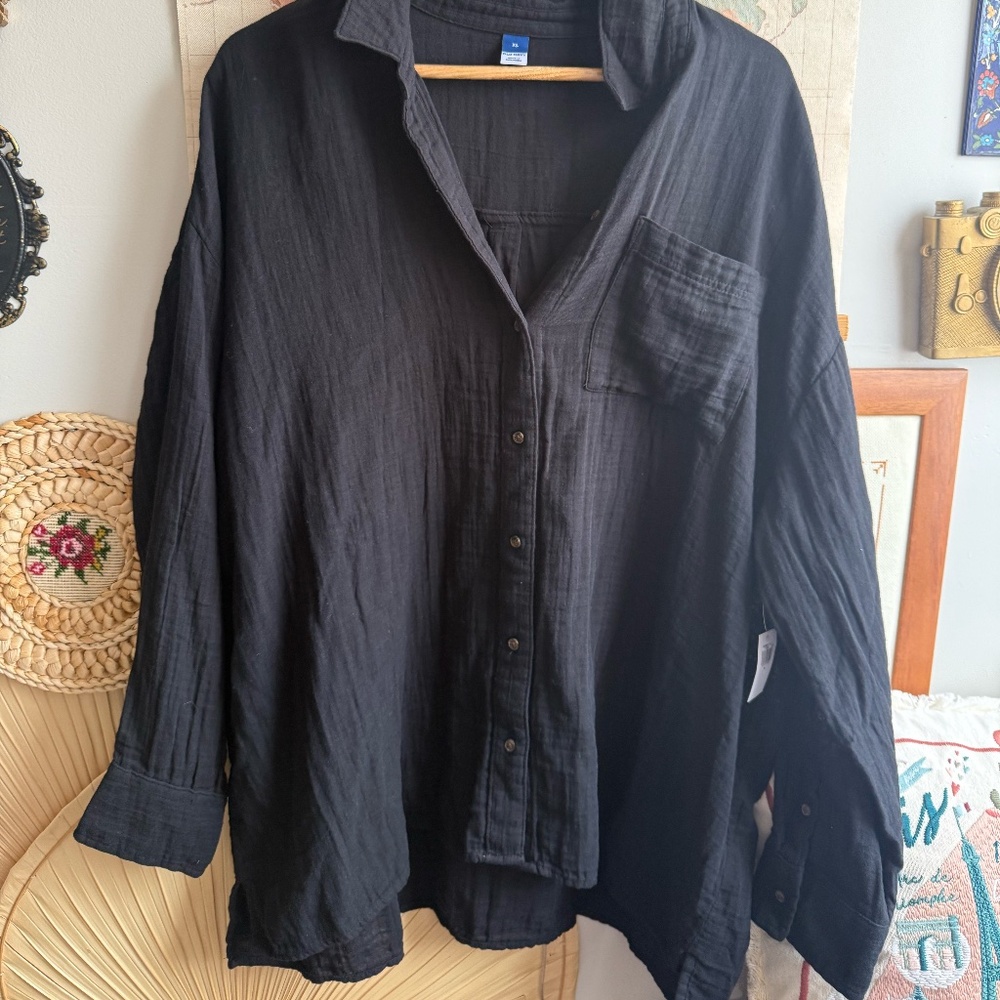 Old Navy Black Gauze Button Down XL NWT 100% Cotton